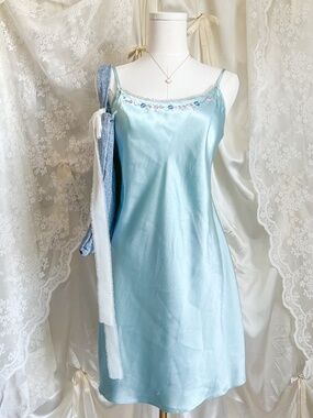 Baby Blue Satin Slip Dress Embroidered Trim Mini Y2K Fairycore Coquette Nightie